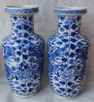 PAIR ANTIQUE CHINESE HAND PAINTED BLUE & WHITE DRAGON VASES SIGNED 3