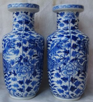 PAIR ANTIQUE CHINESE HAND PAINTED BLUE & WHITE DRAGON VASES SIGNED 4