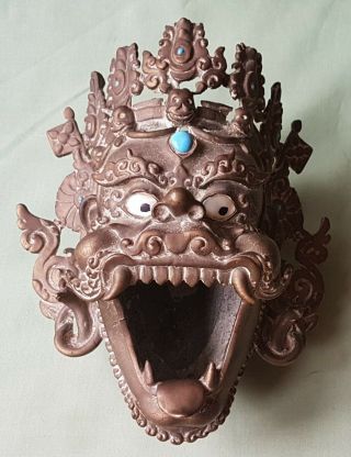 Large Early Brass Tibetan Or Chinese Temple Censer,  Grotesque Mask,  Turquoise