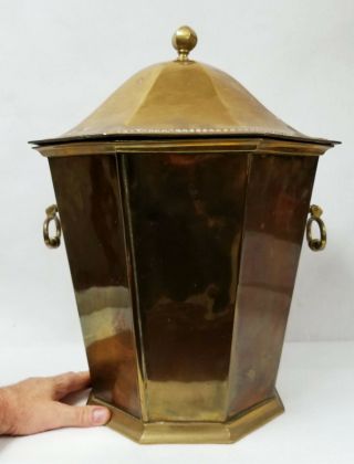 Heavy Antique Brass Coal Scuttle Or Ash Bin With Iron Bottom