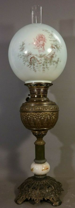 19thc Antique Victorian Era Brass & Onyx Old Lady Cherub Shade Banquet Oil Lamp