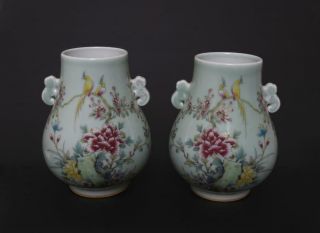 Pair Antique Chinese Porcelain Famille - Rose Vase Qianlong Mark - Bird&peony