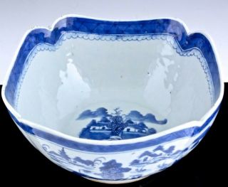 Large 19thc Chinese Canton Blue & White Landscape Serving Punch Porcelain Bowl