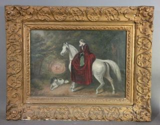 19thc Antique Victorian Era Top Hat Lady & Horse W/ Dog Old Allegorical Painting