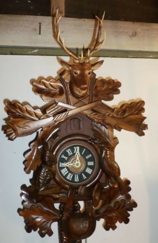 Stunning German Emil Schmeckenbecher Hand Carved Large Hunter Deer Cuckoo Clock