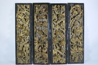 Rare Four 23.  5 " Panel Fine Old China Chinese Carved Wood Gilt Gold Wall Hanging