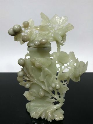 Vintage Chinese Celadon Green Jade Floral Carved Art Statue Vase 530g