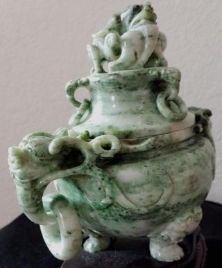 Antique Jade Chinese Incense Burner With Lid And Rings