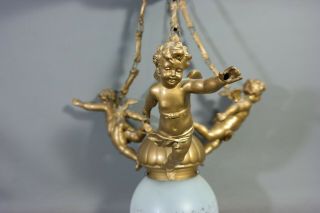 Antique ART NOUVEAU Figural WINGED PUTTI Cherub CHANDELIER Old DECO HANGING LAMP 2