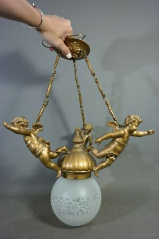 Antique ART NOUVEAU Figural WINGED PUTTI Cherub CHANDELIER Old DECO HANGING LAMP 4