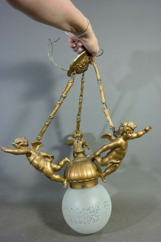 Antique ART NOUVEAU Figural WINGED PUTTI Cherub CHANDELIER Old DECO HANGING LAMP 5