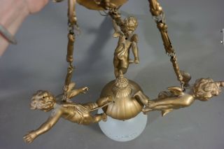 Antique ART NOUVEAU Figural WINGED PUTTI Cherub CHANDELIER Old DECO HANGING LAMP 7