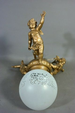 Antique ART NOUVEAU Figural WINGED PUTTI Cherub CHANDELIER Old DECO HANGING LAMP 9