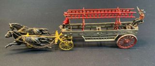 Antique Dent Cast Iron Horse Drawn Fire Engine Ladder Wagon Large 26 "