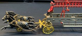 Antique Dent Cast Iron Horse Drawn Fire Engine Ladder Wagon Large 26 