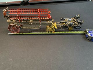Antique Dent Cast Iron Horse Drawn Fire Engine Ladder Wagon Large 26 