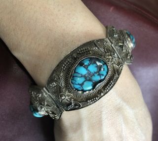 Antique Chinese Export Turquoise & Sterling Silver Filagree Bracelet