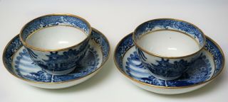 Antique Chinese Export Two Tea Bowls Cups Blue White 18th Century