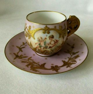 Antique 1753 French Sevres Demitasse Cup & Saucer Handpainted " Moville " Exquisit