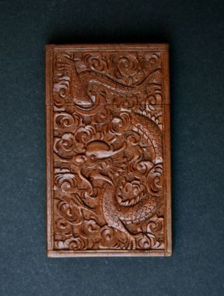 ANTIQUE CHINESE VISITING BUSINESS CARD CASE CARVED SANDALWOOD DRAGONS 2