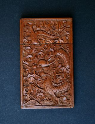 ANTIQUE CHINESE VISITING BUSINESS CARD CASE CARVED SANDALWOOD DRAGONS 3