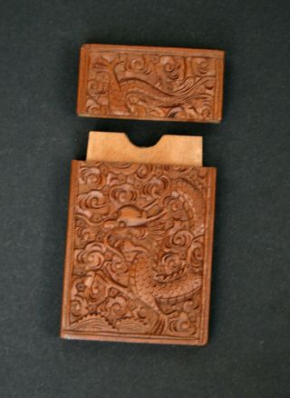 ANTIQUE CHINESE VISITING BUSINESS CARD CASE CARVED SANDALWOOD DRAGONS 4