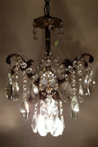Antique Vintage Brass & Crystals Small Chandelier Lighting Ceiling Lamp