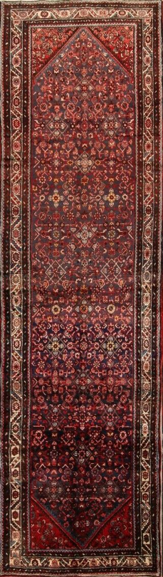 Geometric Tribal Hamedan Persian Oriental Hand - Knotted 4x14 Red Wool Runner Rug