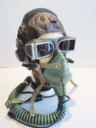 Flight Helmet Fighter Pilot Flight Leather Helmet Oxygen Mask Goggles T