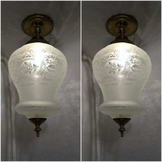 Xl 18 " Pair Vtg Victorian Light Fixtures Brass Etched Glass French Chandeliers