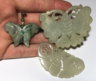 Vtg 3pc Carved Chinese Celadon Jade Butterfly Disc Figurine Amulets