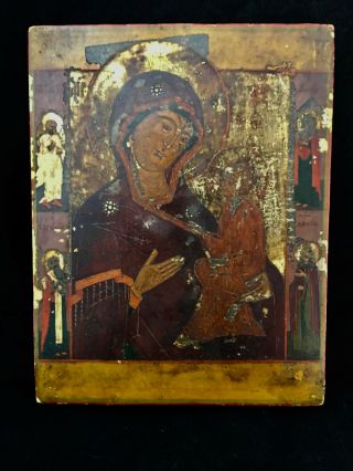 Antique Hand Painted Icon Virgin Of Tichvin 19 Th.  Century