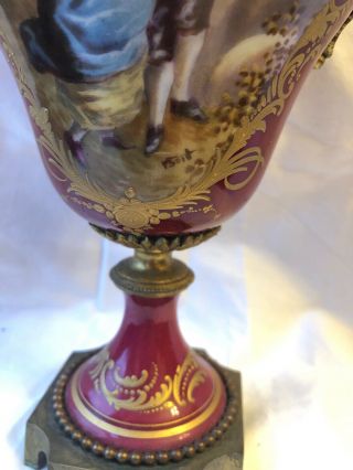 Antique French Sevres Type Hand Painted Porcelain Gilt Bronze Mounted Vases Urns 10