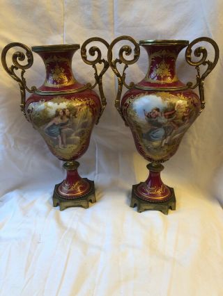 Antique French Sevres Type Hand Painted Porcelain Gilt Bronze Mounted Vases Urns