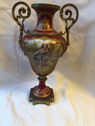 Antique French Sevres Type Hand Painted Porcelain Gilt Bronze Mounted Vases Urns 2