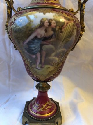 Antique French Sevres Type Hand Painted Porcelain Gilt Bronze Mounted Vases Urns 3