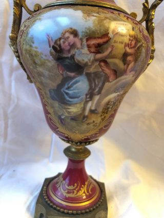 Antique French Sevres Type Hand Painted Porcelain Gilt Bronze Mounted Vases Urns 9