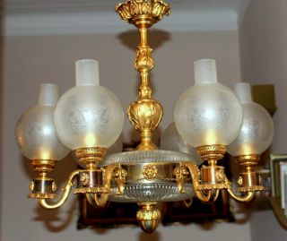 Vintage French Solid Bronze & Crystal 6 Arms Chandelier,  2 Wall Lights