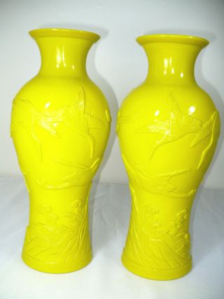 Antique Green Peeking Glass? Textured Crane Birds Large Vase Set - L@@k