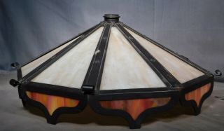 Antique Arts Crafts Mission Art Glass Panel Lamp Shade Opalescent Slag Rivets