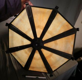 Antique Arts Crafts Mission Art Glass Panel lamp Shade Opalescent Slag Rivets 6