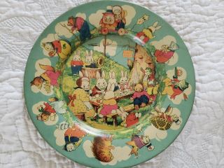 Vintage 1920 ' s Peter Rabbit ' s Radio Party tin litho plate,  H Cady,  Easter 2