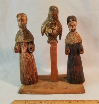 19th C Pair Folk Art Carved Wood Santos Figures With Dove