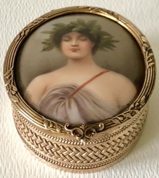Antique French Ormolu Bronze Box Hand Painted Porcelain Portrait Plaque Daphne 2