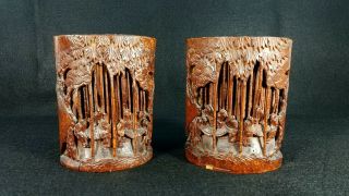 Pair Antique Asian Chinese Bamboo Brush Pots Hand Carved Usa