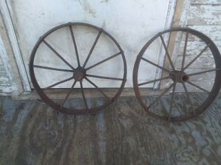 Pair Vintage 21 " Steel Spoke Wagon Cart Wheels Farm Garden Iron Welding