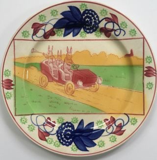 Antique Stick Spatter Sporting Series Rabbitware Plate Riding In Roadster Rare