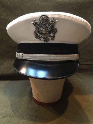Vintage Military Us Air Force White Officers Dress Cap Hat With Badge Flight Ace