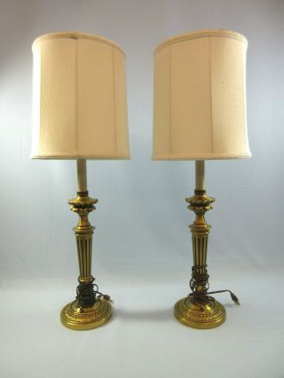 Vintage Stiffel Brass Table Lamp Pair With Shades 28 " Push Button Mid Century