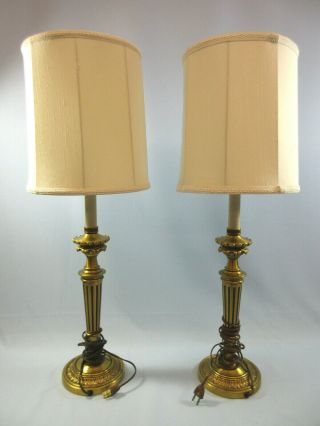 Vintage STIFFEL Brass Table Lamp Pair with Shades 28 